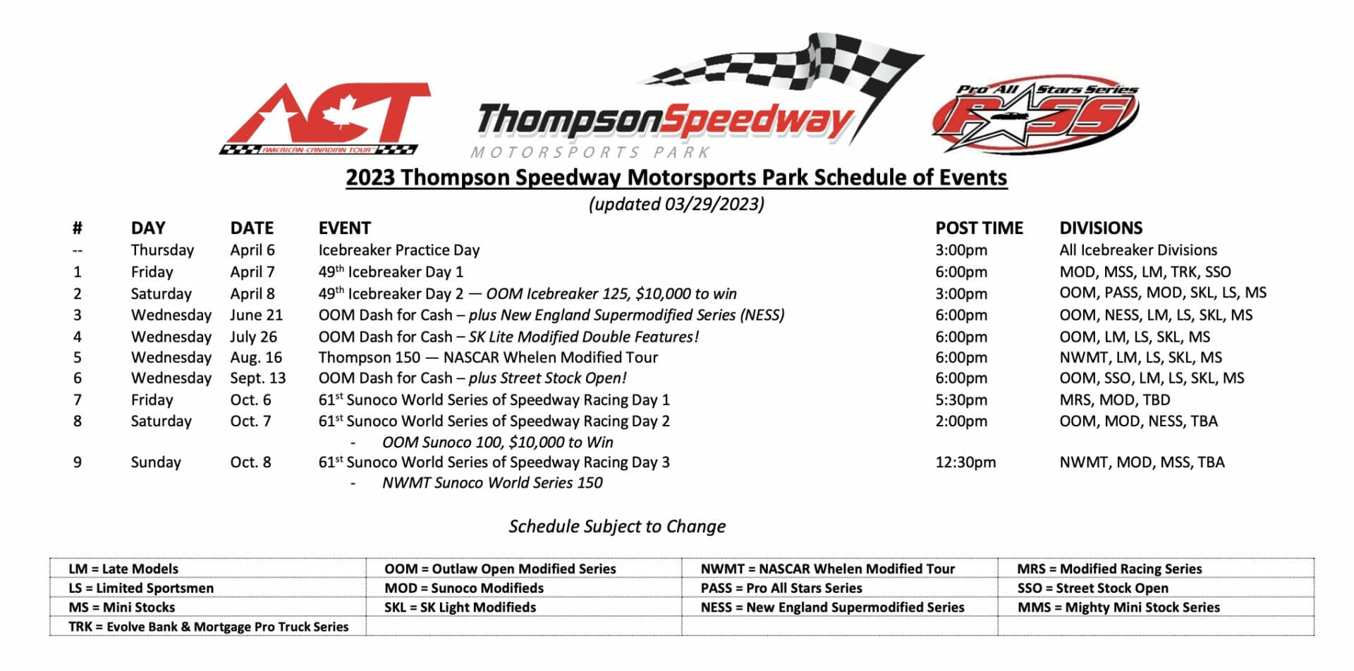 Event Schedule Thompson Speedway