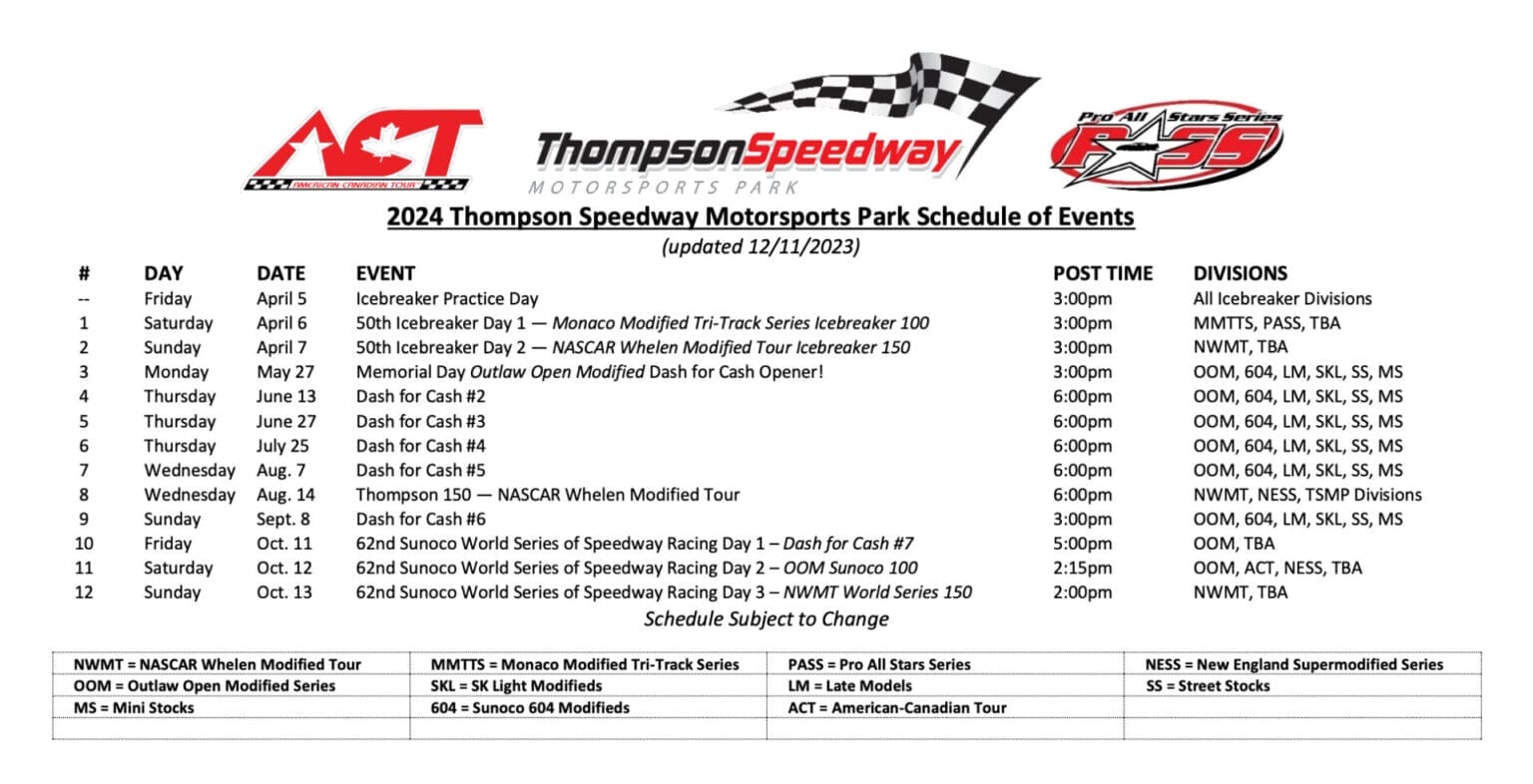 Event Schedule Thompson Speedway